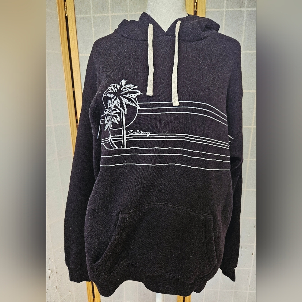 Billabong Black Hoodie with Palm Tree Design - Size L